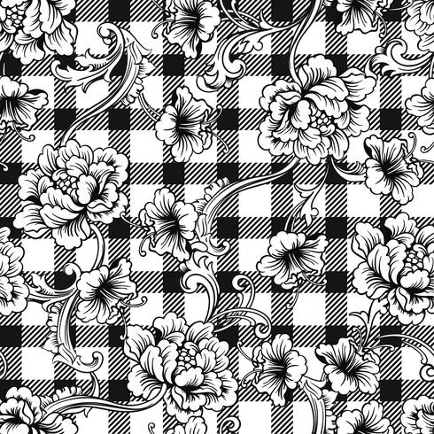 Eclectic fabric plaid seamless pattern with baroque ornament. vector
