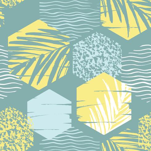 Seamless exotic pattern with palm leaves on geometric background vector