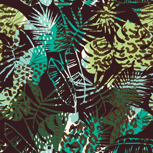 Trendy seamless exotic pattern with palm, animal prints and hand drawn textures. vector