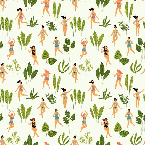 Vector seamless pattern with dancing ladyes in swimsuits and tropical palm leaves.