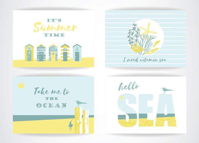 Conjunto de tarjetas de verano con elementos de dibujo a mano. vector