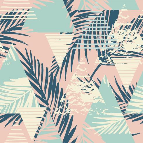 Seamless exotic pattern with palm leaves on geometric background vector