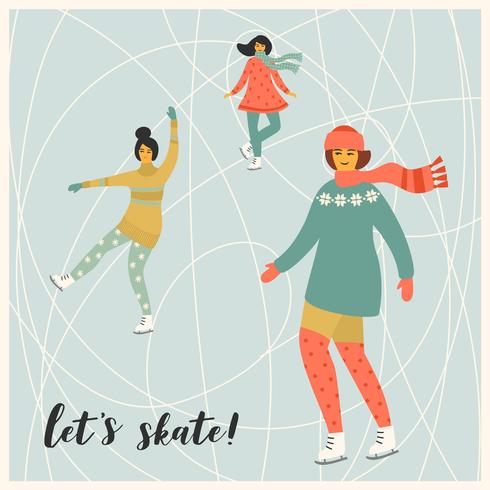 Vector illustration of women skate. Trendy retro style.