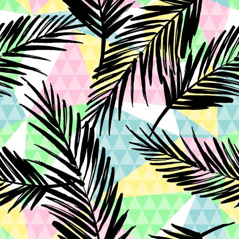 Trendy seamless exotic pattern with palm and geometric elements. vector