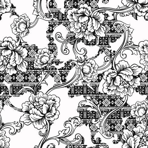 Eclectic fabric seamless pattern. Ethnic background with baroque ornament. vector