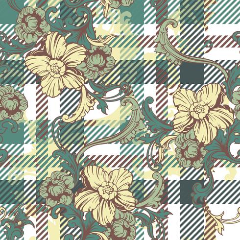 Eclectic fabric plaid seamless pattern with baroque ornament. vector