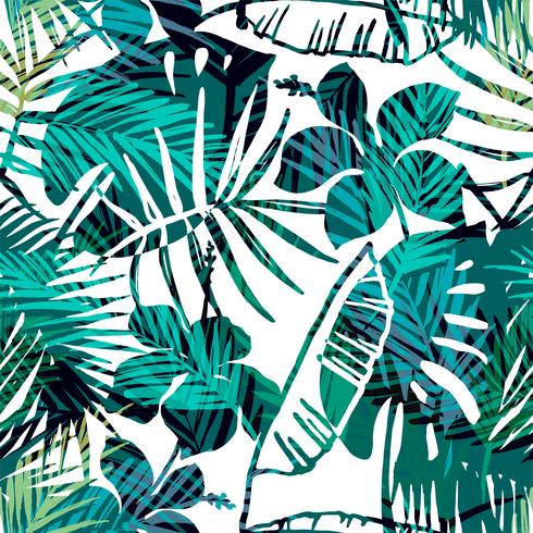 Seamless exotic pattern with tropical palm in bright color. vector