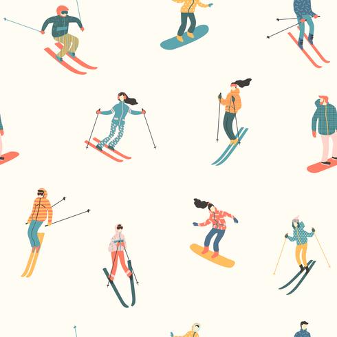 Vector illustration of skiers and snowboarders. Seamless pattern.
