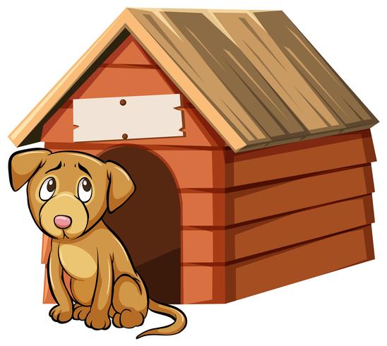 Sad looking dog in front of doghouse vector