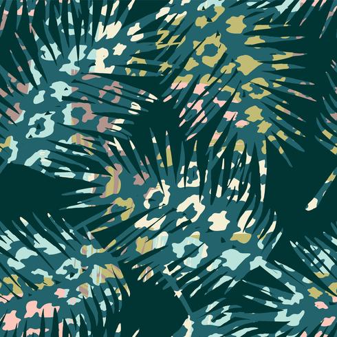 Trendy seamless exotic pattern with palm, animal prints and hand drawn textures. vector
