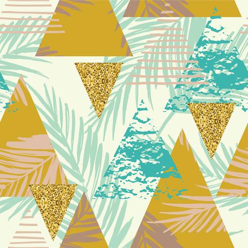 Seamless exotic pattern with palm leaves on geometric background vector