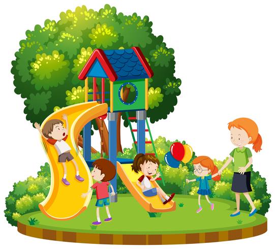 Mother and children at playground vector