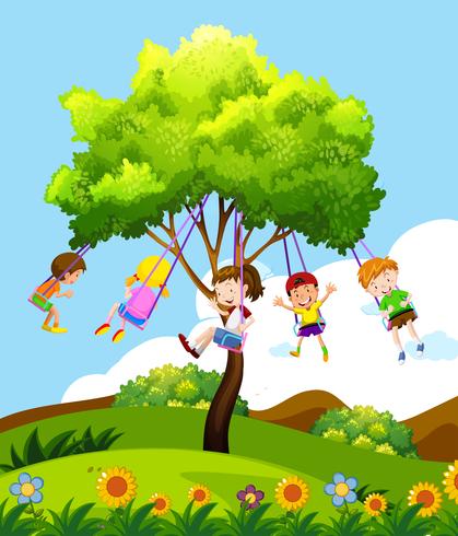 Niños sentados en un árbol columpio vector