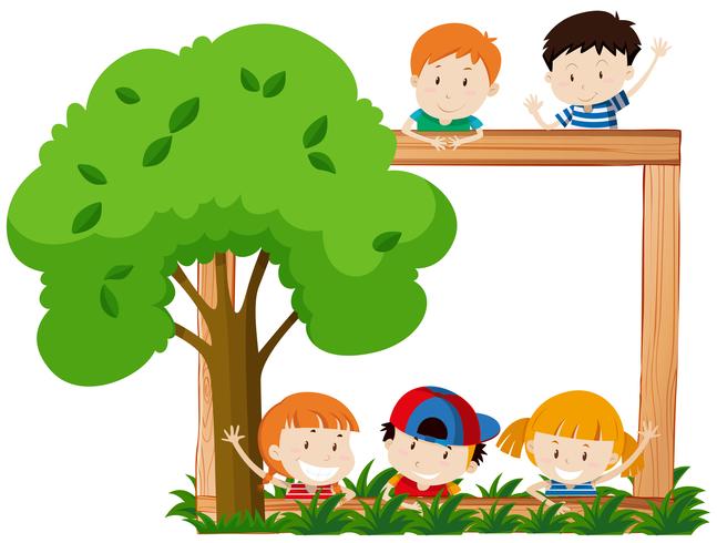 Blank frame surroeded by children and tree vector