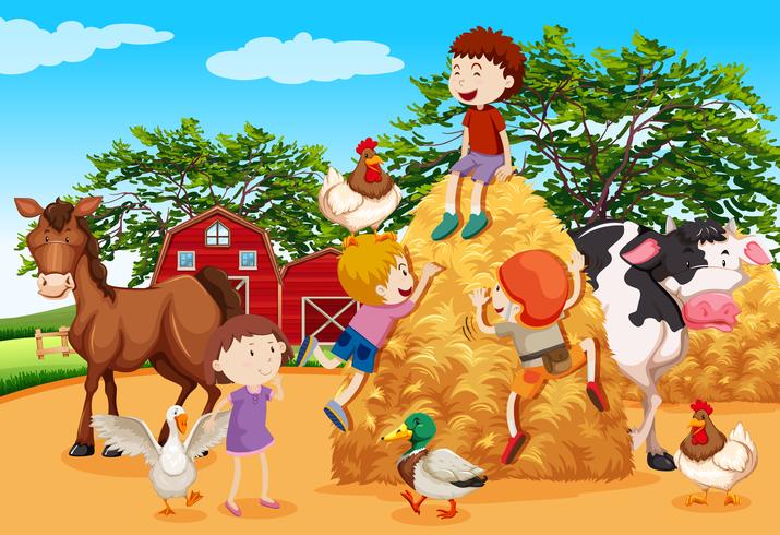 Kids playing in the farmyard vector