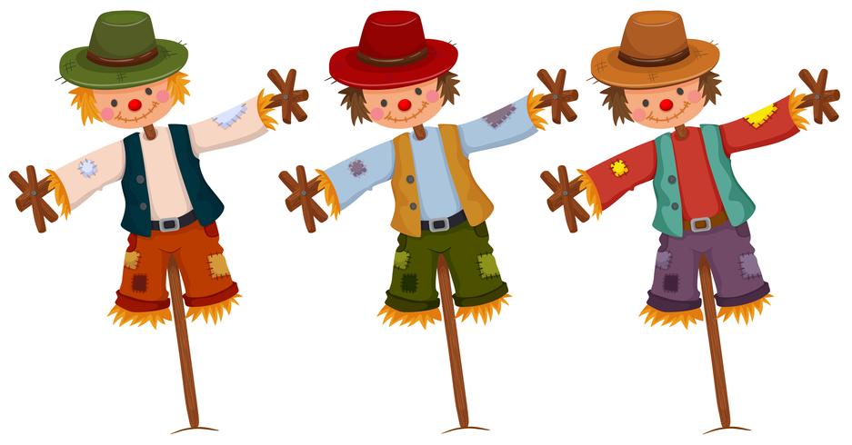 Three scarecrows on wooden sticks vector