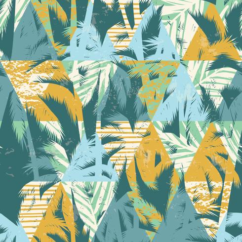 Seamless exotic pattern with palm leaves on geometric background vector