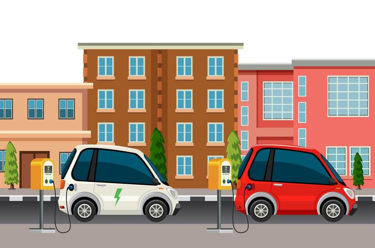 Electric car charging scene vector