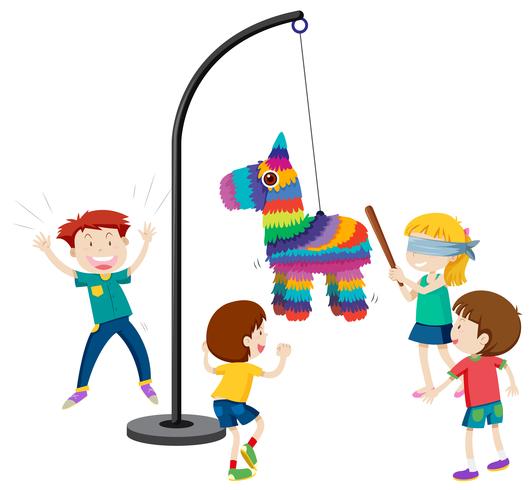 niños jugando a la fiesta de piñata juego vector