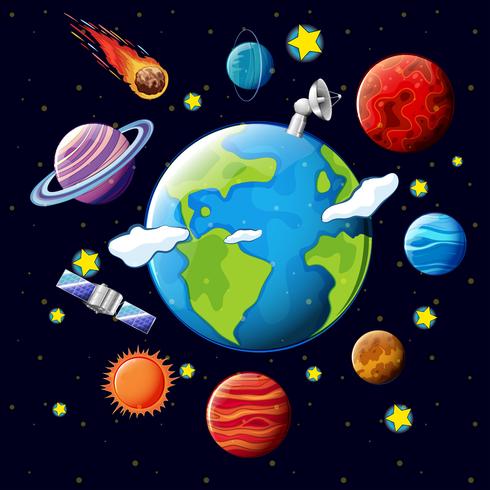 Planets and satellites around the earth vector