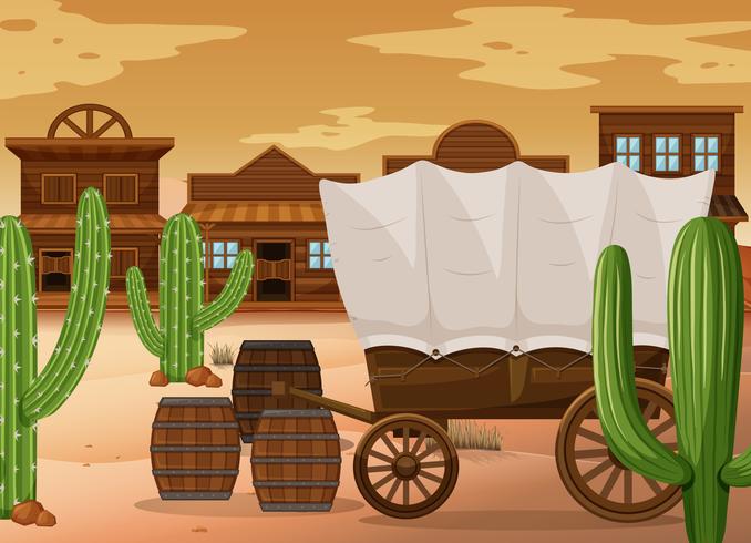 Western town scene with wooden wagon vector