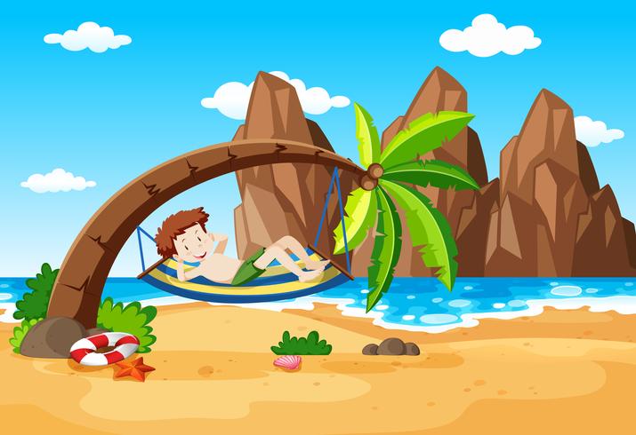 Un niño tomando un descanso bajo la palmera vector