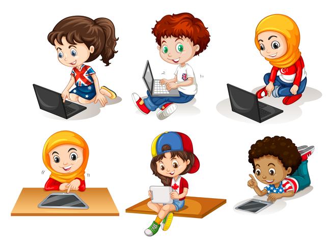 Niños usando computadora y tableta vector