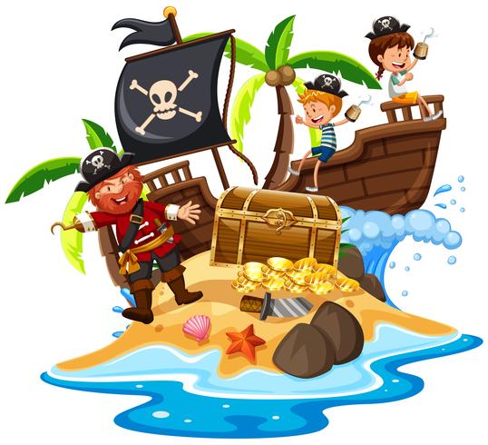 Pirate and Happy Kids at Island vector