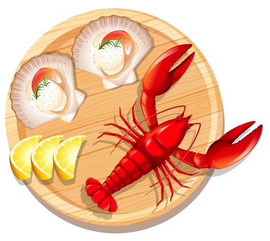 Un plato de mariscos con langosta y vieira. vector