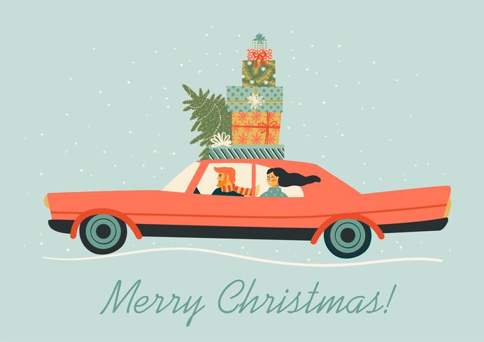 Christmas and Happy New Year illustration with red car. Trendy retro style. vector