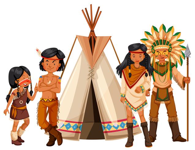 Indios nativos americanos de pie junto al tipi vector