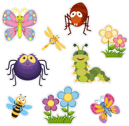 Diseño de pegatinas con bichos e insectos. vector