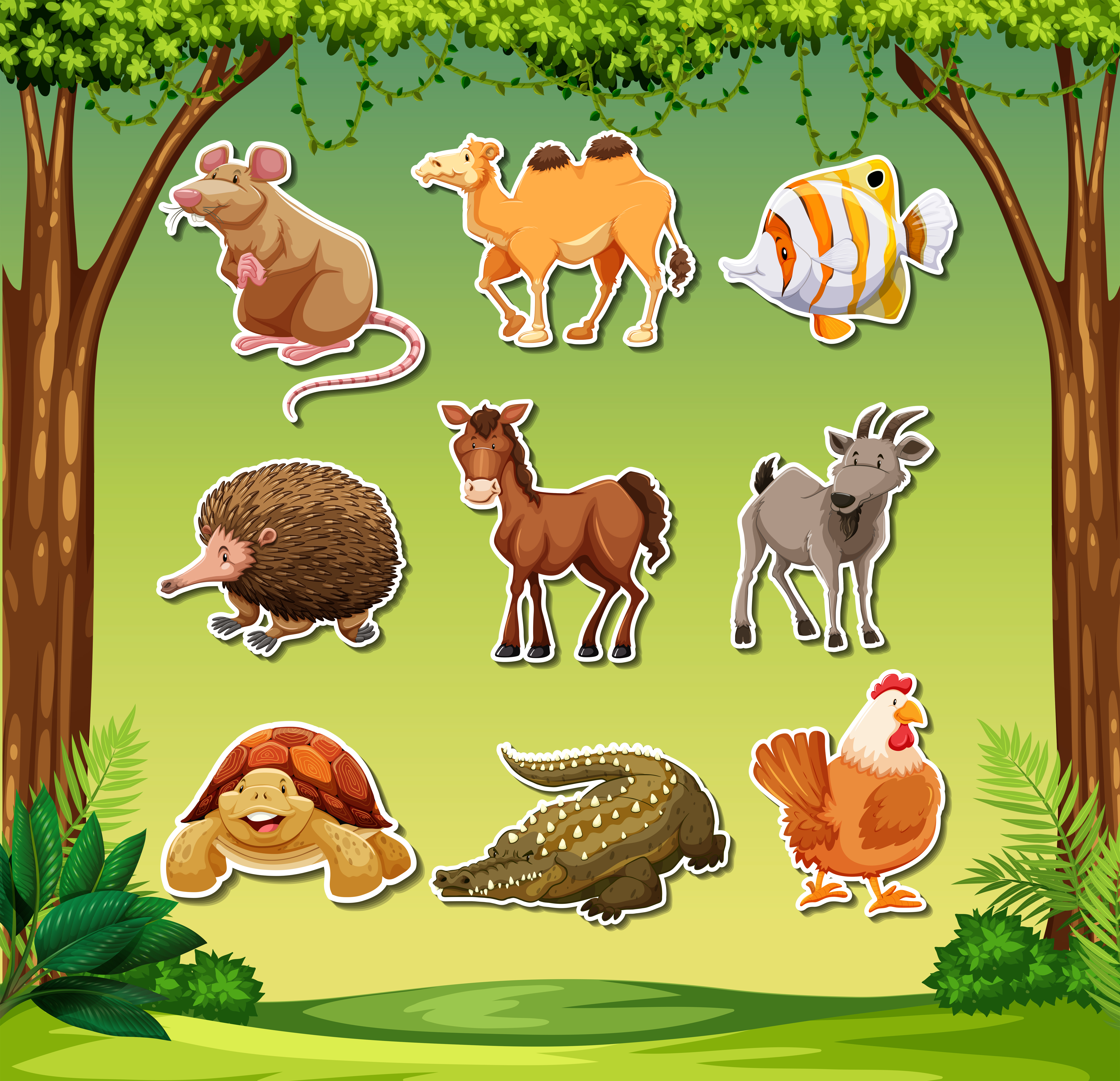 Many animals in jungle background 292542 Vector Art at Vecteezy