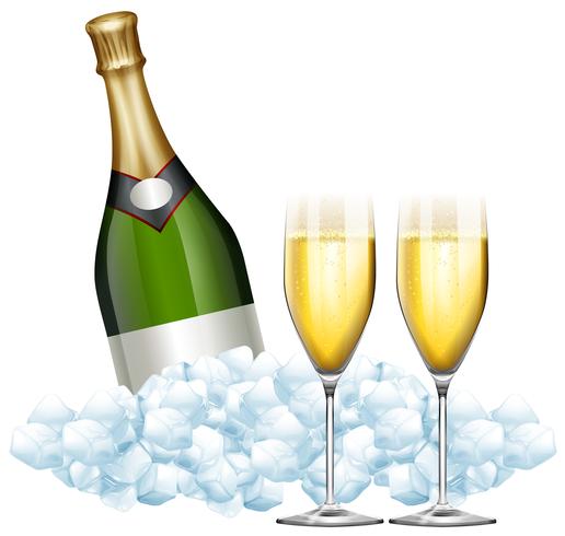Two glasses of champagne and bottle in ice vector