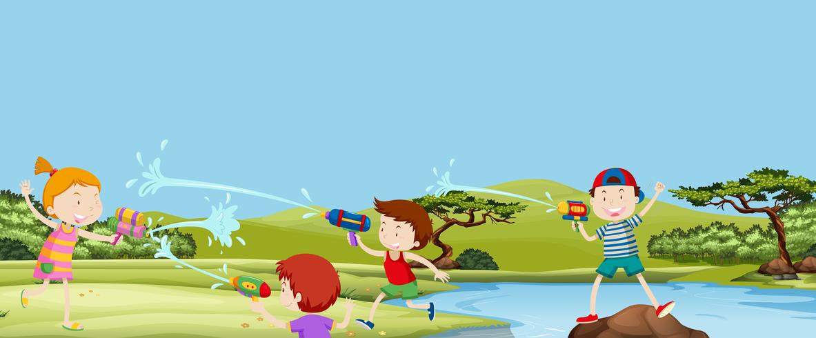 Four kids playing watergun in park vector