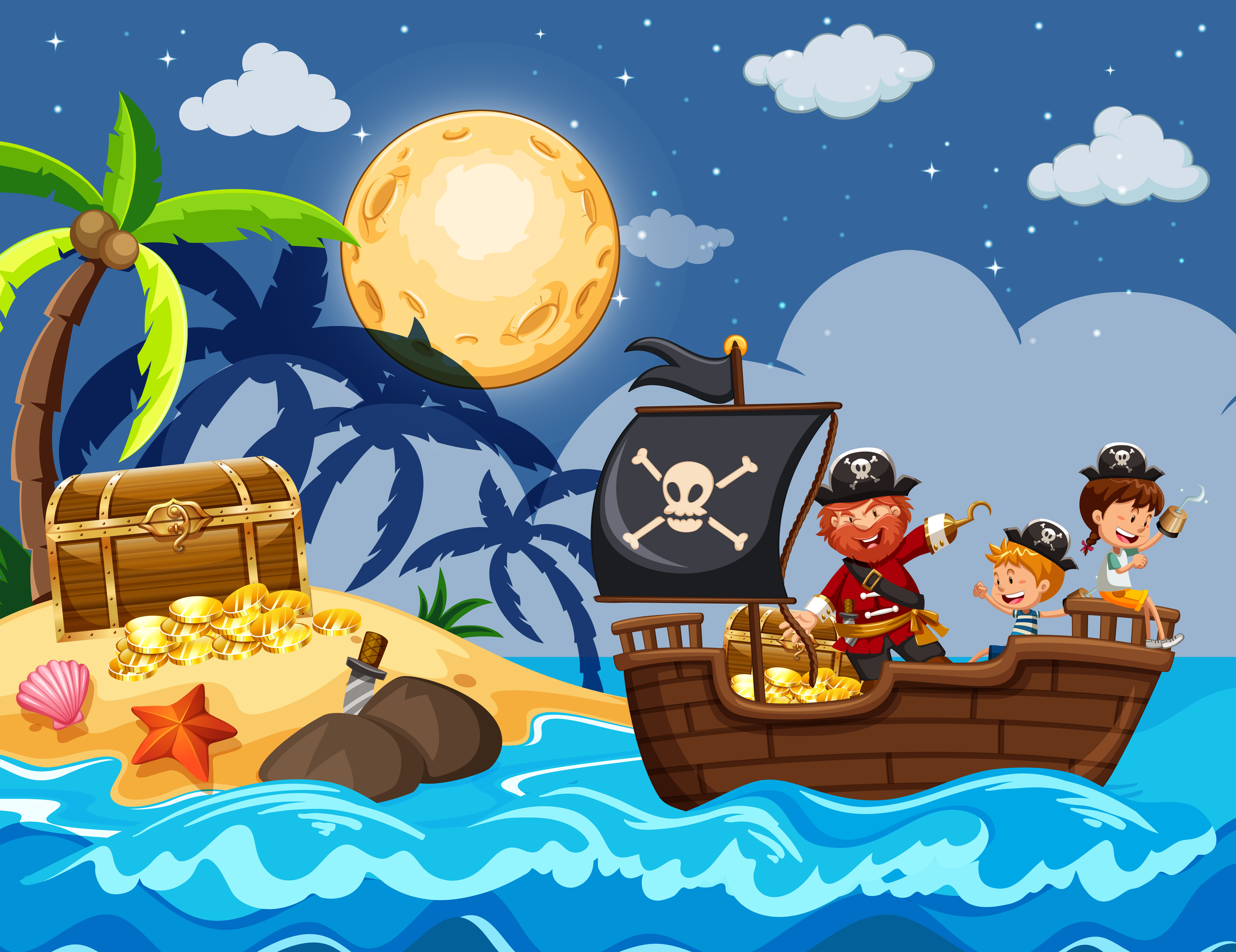 Pirate and Children Finding Treasure - Download Free Vectors, Clipart