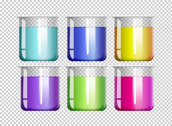 Six beakers filled with colorful liquid vector