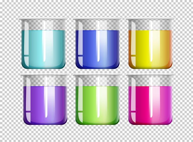 Seis vasos llenos de líquido colorido. vector