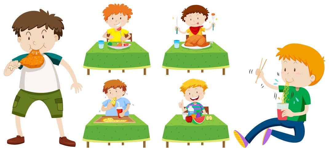 Boys eating different food on tables vector