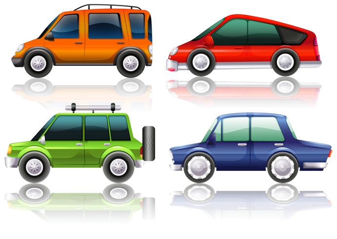 Diferentes tipos de coches en cuatro colores. vector