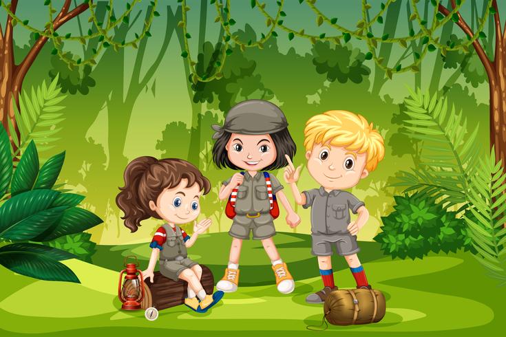 Three scout kids in the jungle vector