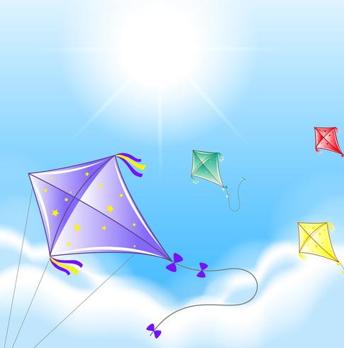 Four colorful kites in the sky vector