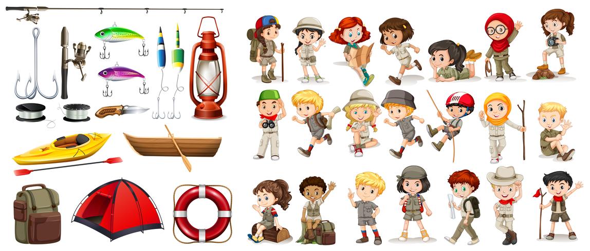 Children and camping equipment vector