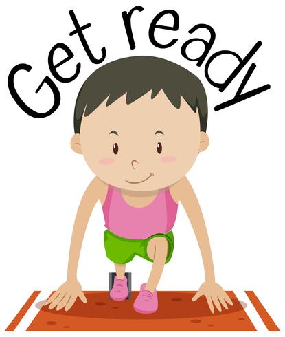 Wordcard for get ready with boy at the start of the race vector