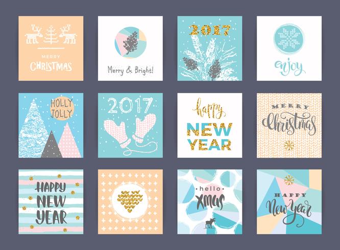 Conjunto de tarjetas creativas artísticas de feliz Navidad y año nuevo. vector