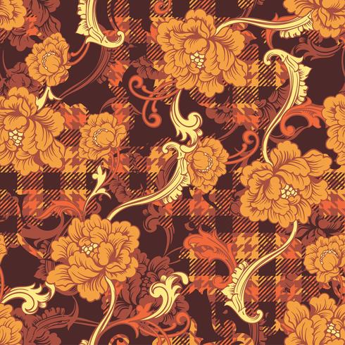 Eclectic fabric plaid seamless pattern with baroque ornament. vector