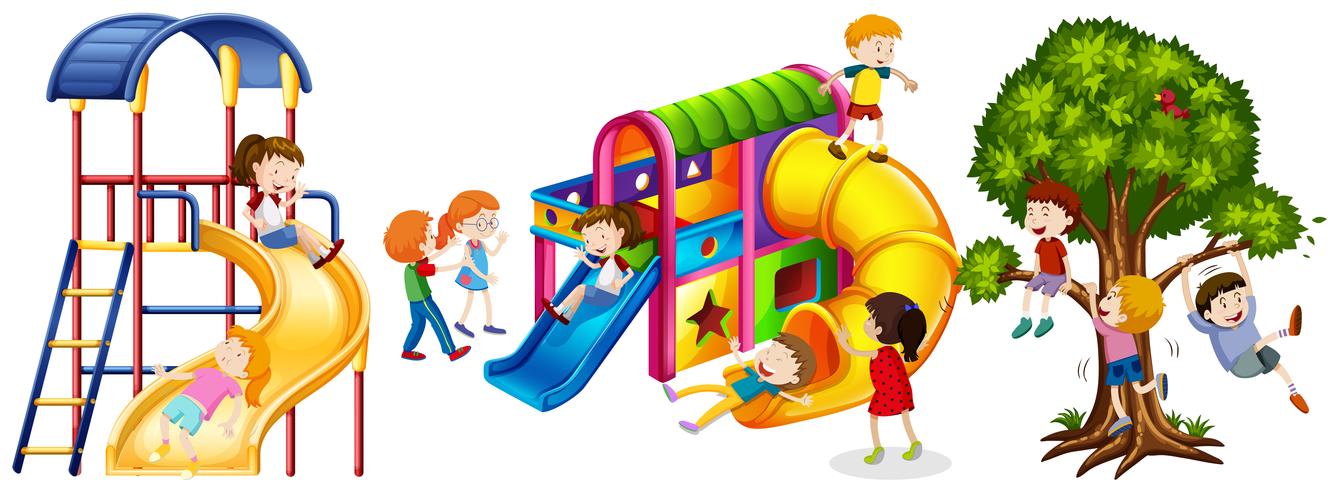 Kids playing on slides vector