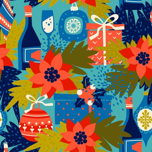 Vector seamless pattern with Christmas symbols. Trendy vintage style.