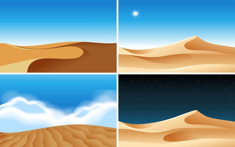 Cuatro escenas de fondo de desiertos en diferentes momentos. vector