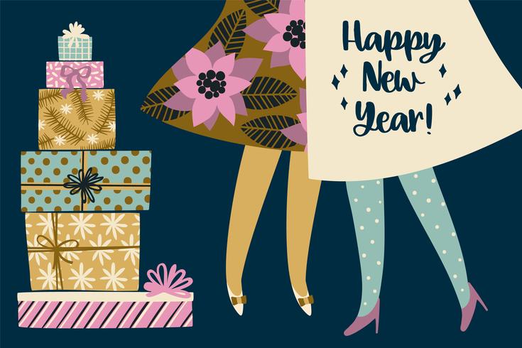 Christmas and Happy New Year illustration. Trendy retro style. vector